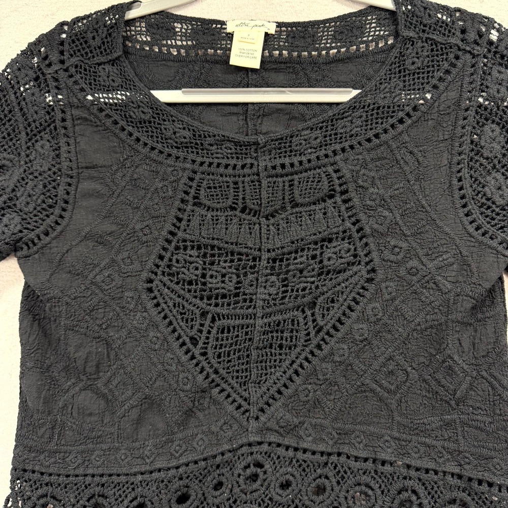 Ultra Pink Crochet Lace Details Cropped Blouse Top Womens S Black Scalloped Trim - Picture 2 of 7